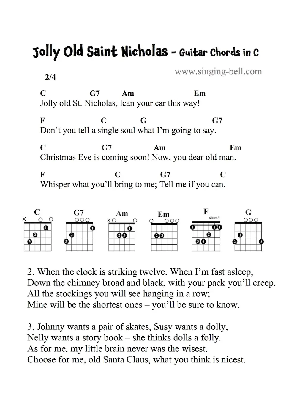 Jolly Old Saint Nicholas Guitar Chords and Tabs in C.