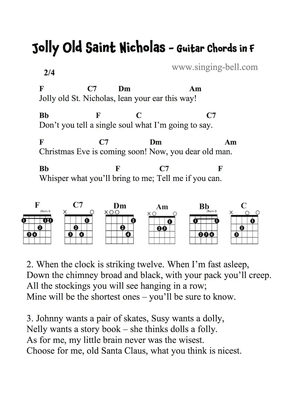 Jolly Old Saint Nicholas Guitar Chords and Tabs in F.