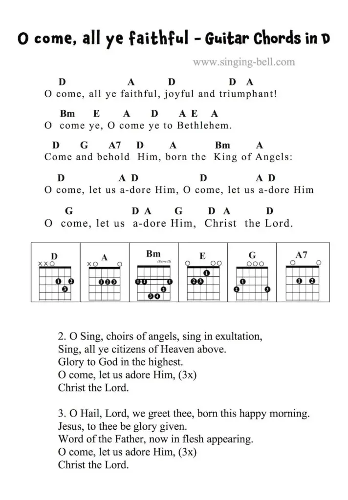 O come all ye faithful Guitar Chords Tabs in D.