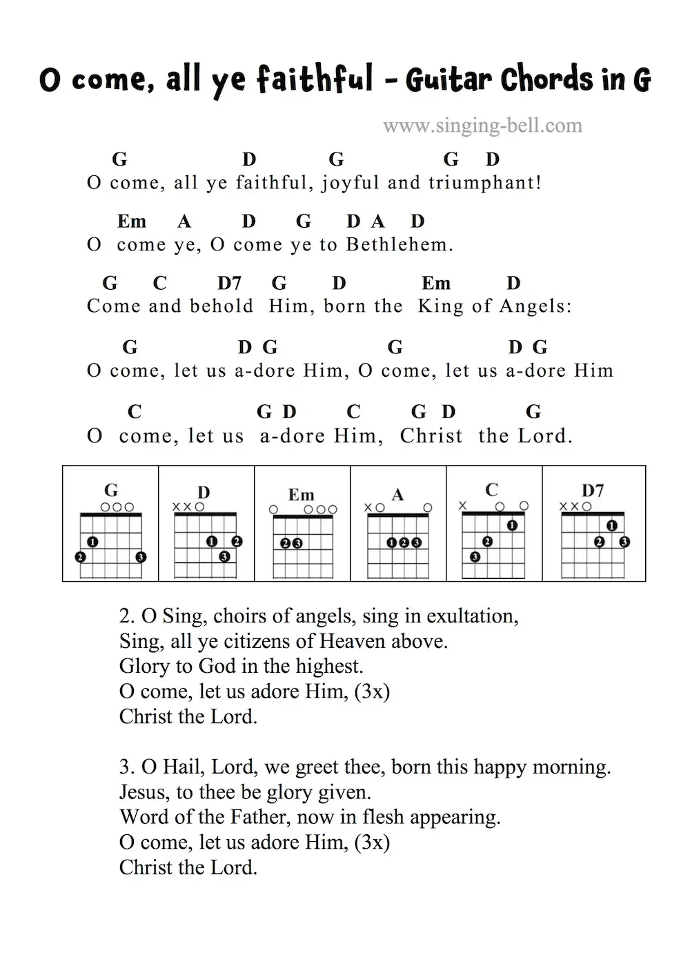 O come, all ye faithful Guitar Chords and Tabs in G.