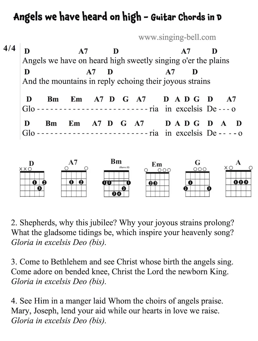 Angels we have heard on high Guitar Chords and Tabs in D.