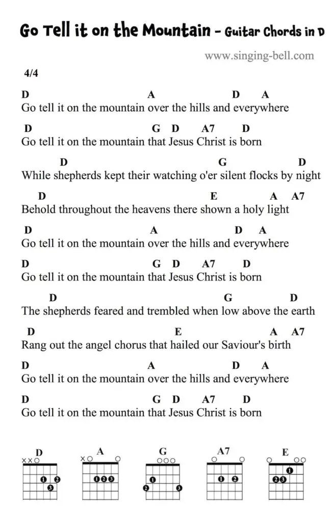 Go Tell it on the Mountain - Guitar Chords and Tabs in D.