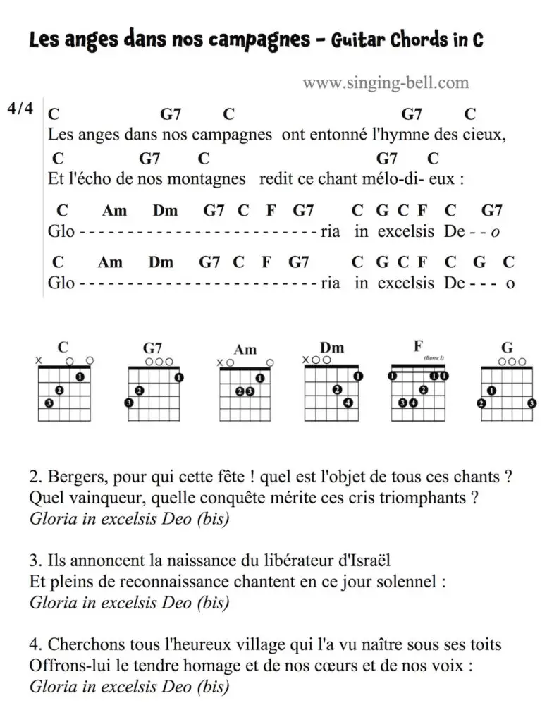 Les Anges dans nos campagnes Guitar Chords and Tabs in C. : Singing Bell Les Anges dans nos campagnes Guitar Chords and Tabs in C.