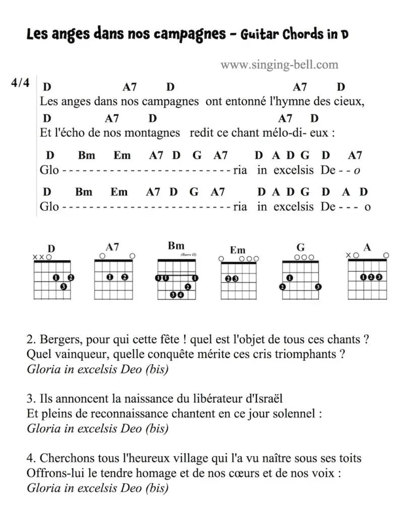 Les Anges dans nos campagnes Guitar Chords and Tabs in D. : Singing Bell Les Anges dans nos campagnes Guitar Chords and Tabs in D.
