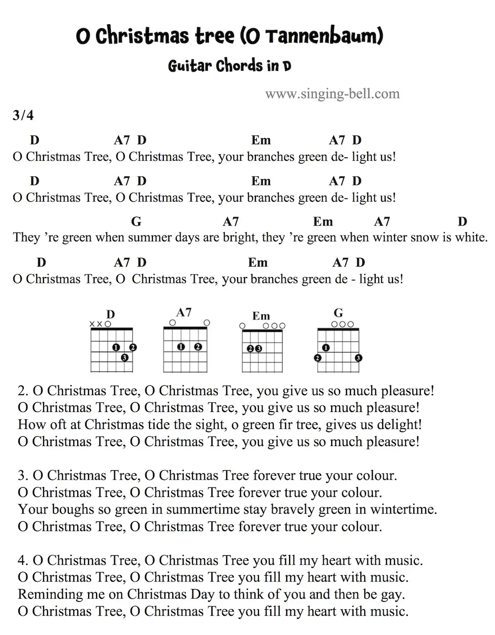 O Christmas Tree Guitar Chords and Tabs in D.