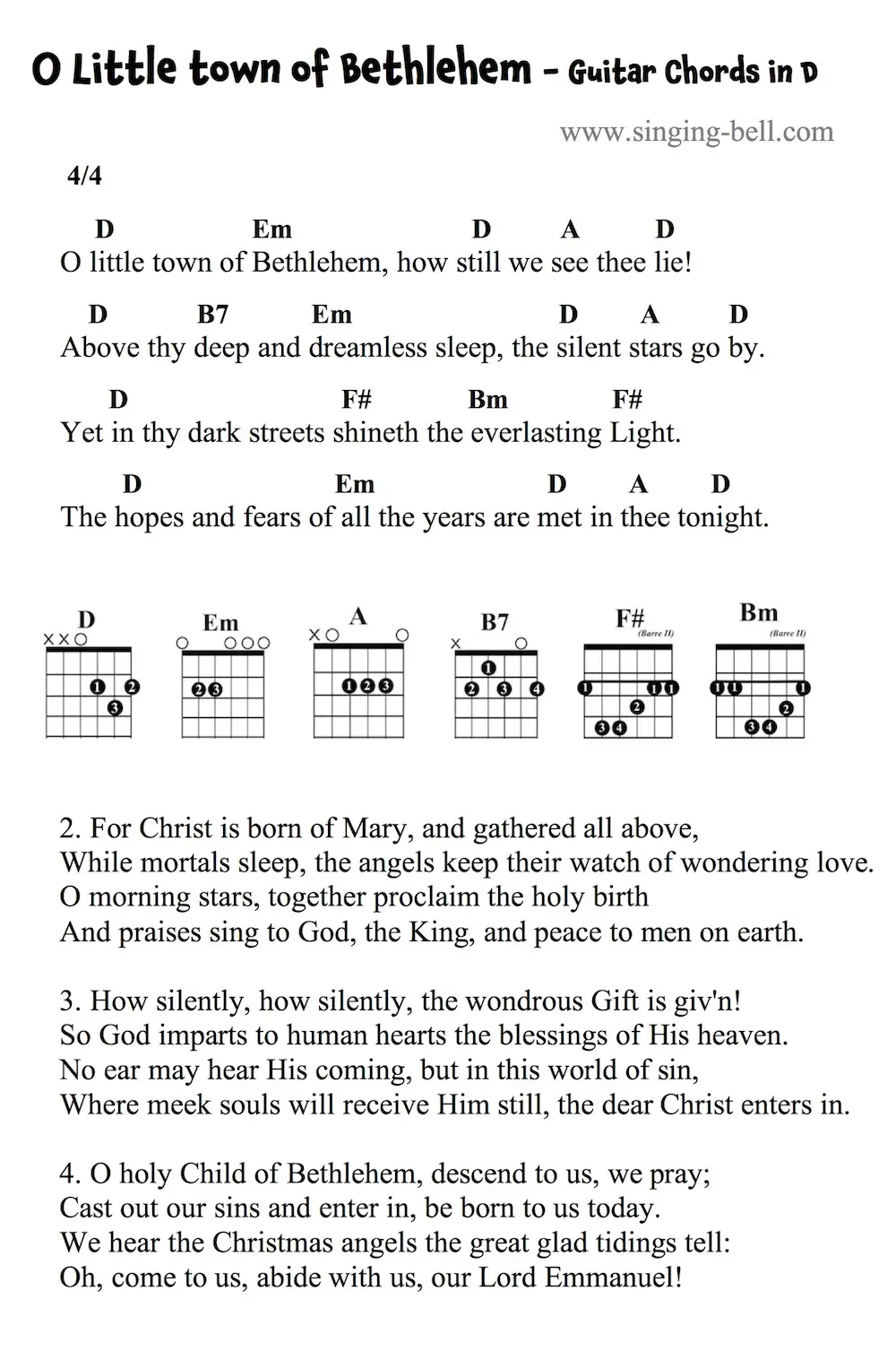 O Little town of Bethlehem Guitar Chords and Tabs in D.
