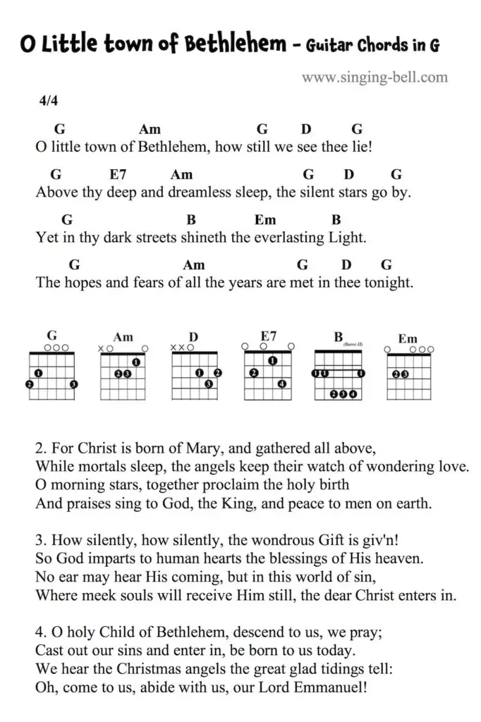 O Little town of Bethlehem Guitar Chords and Tabs in G.