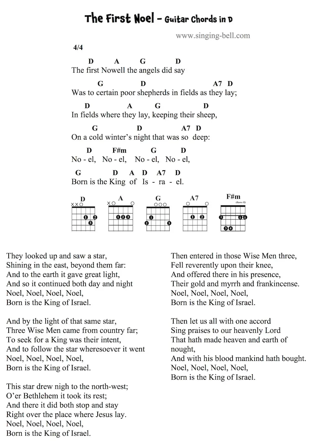 The First Noel Guitar Chords and Tabs in D.