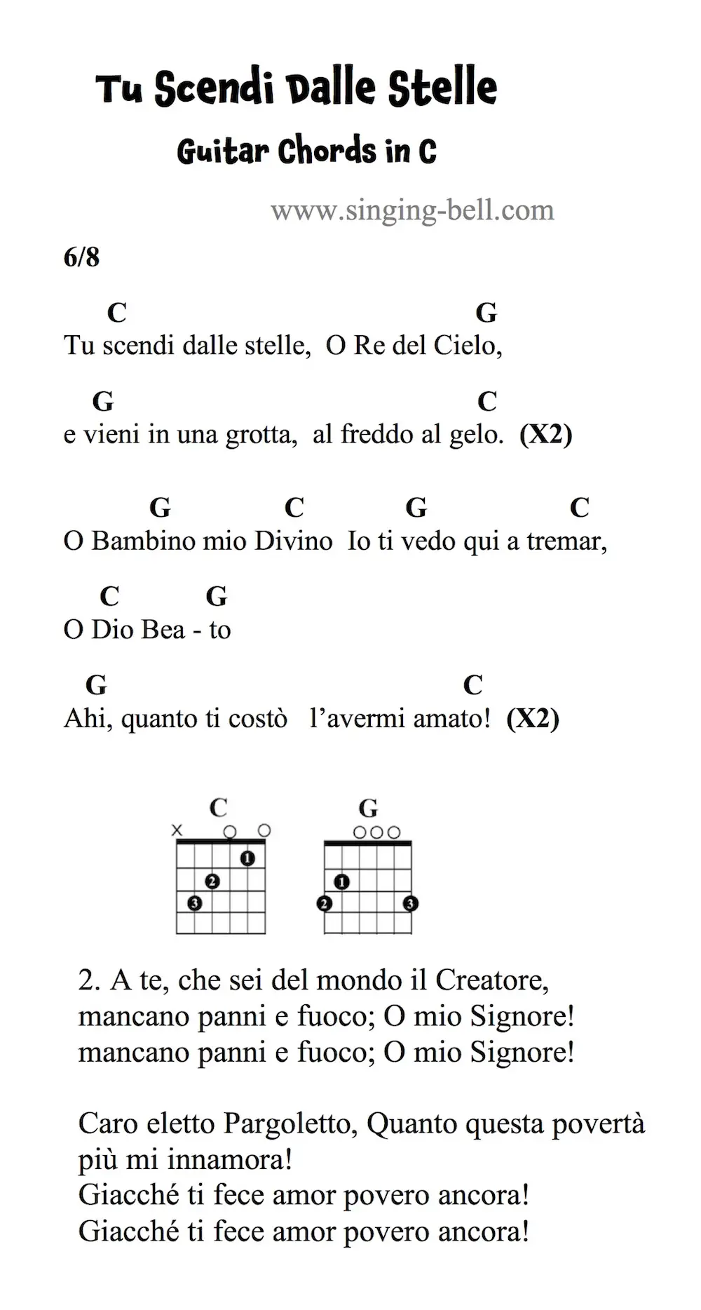 Tu scendi dalle stelle guitar chords and tabs in C.