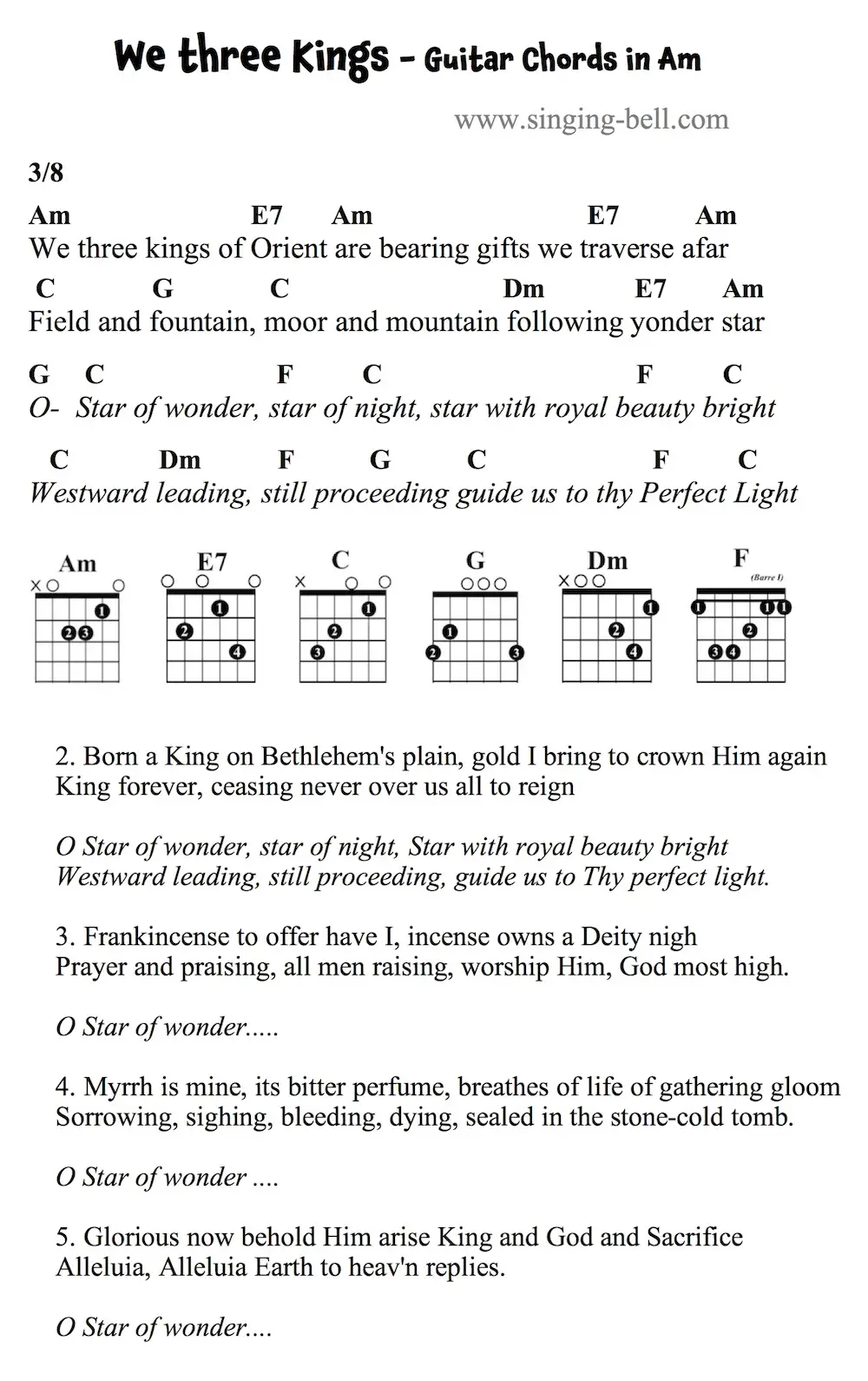 We three Kings Guitar Chords and Tabs in Am.