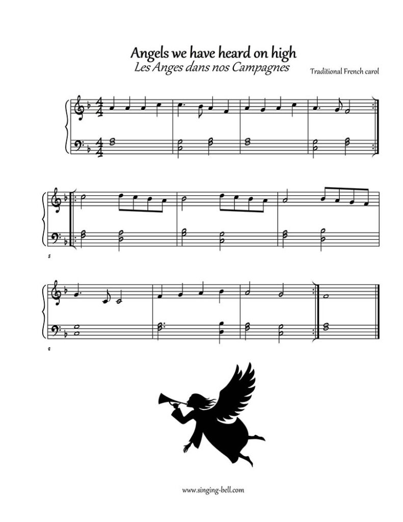 Angels we have heard on high (Les anges dans nos campagnes) free easy piano sheet music beginners