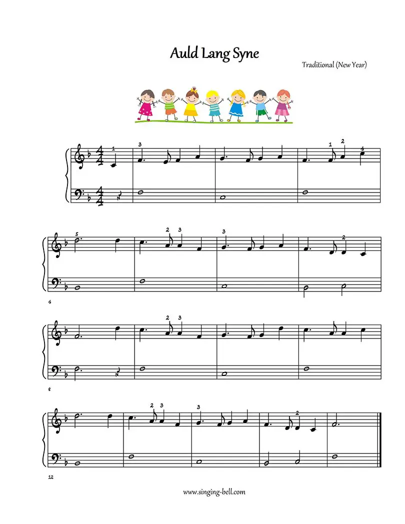 Auld Lang Syne - Piano Sheet Music for beginners : Singing Bell Auld Lang Syne piano sheet music for beginners