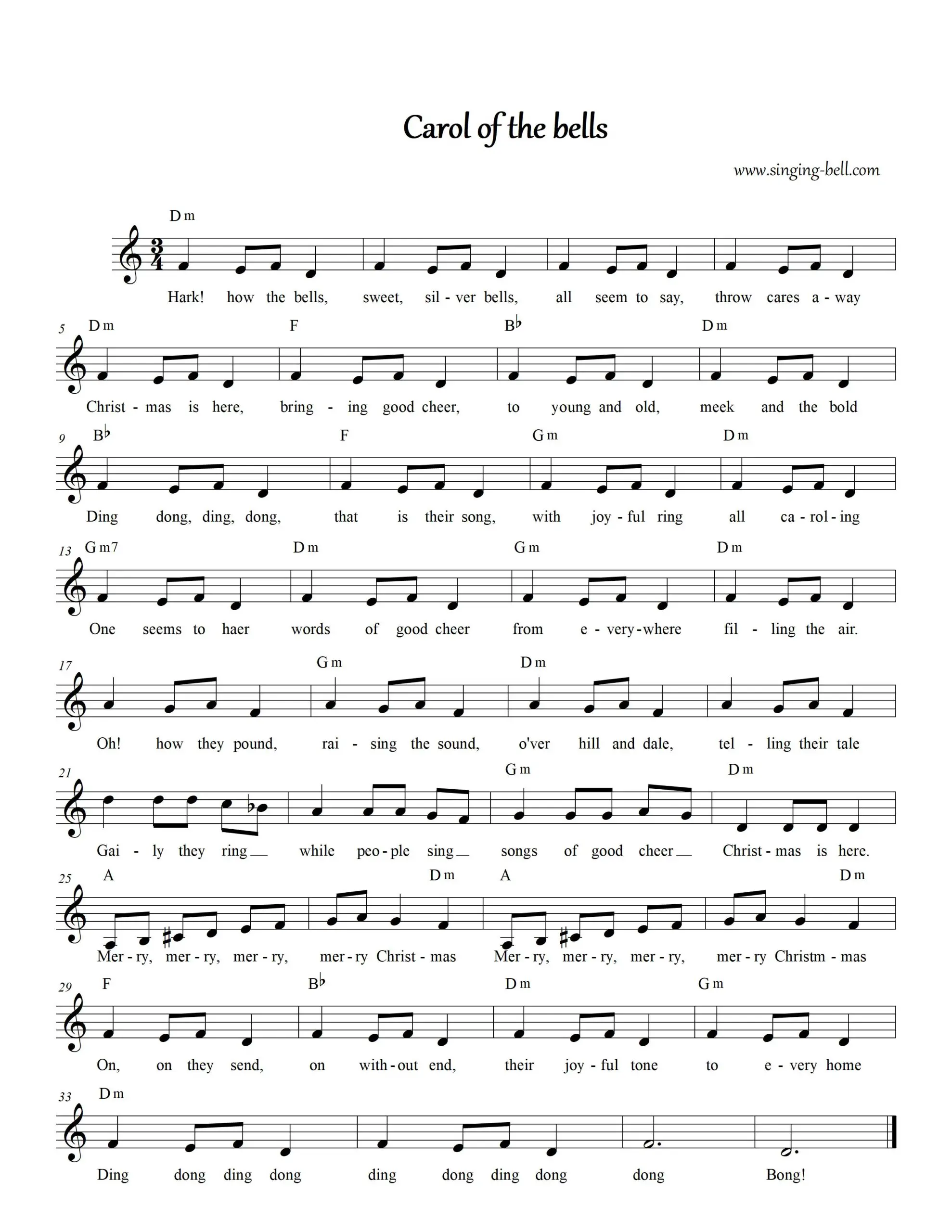 Carol of the Bells - Christmas song sheet music in Dm