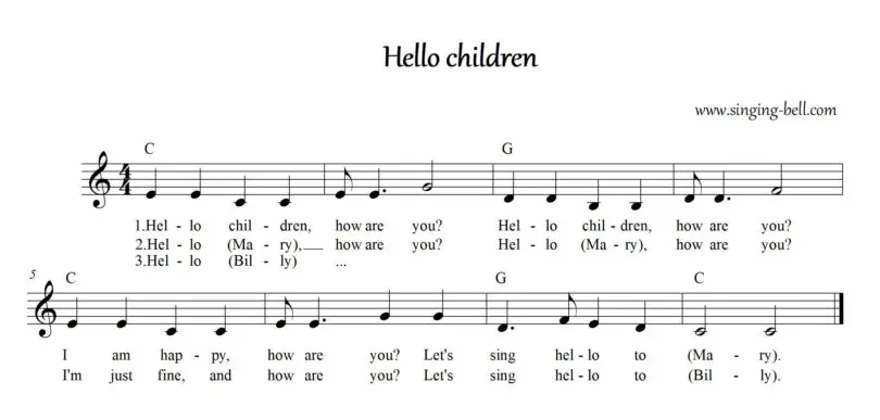 Music sheet of "Hello Children".