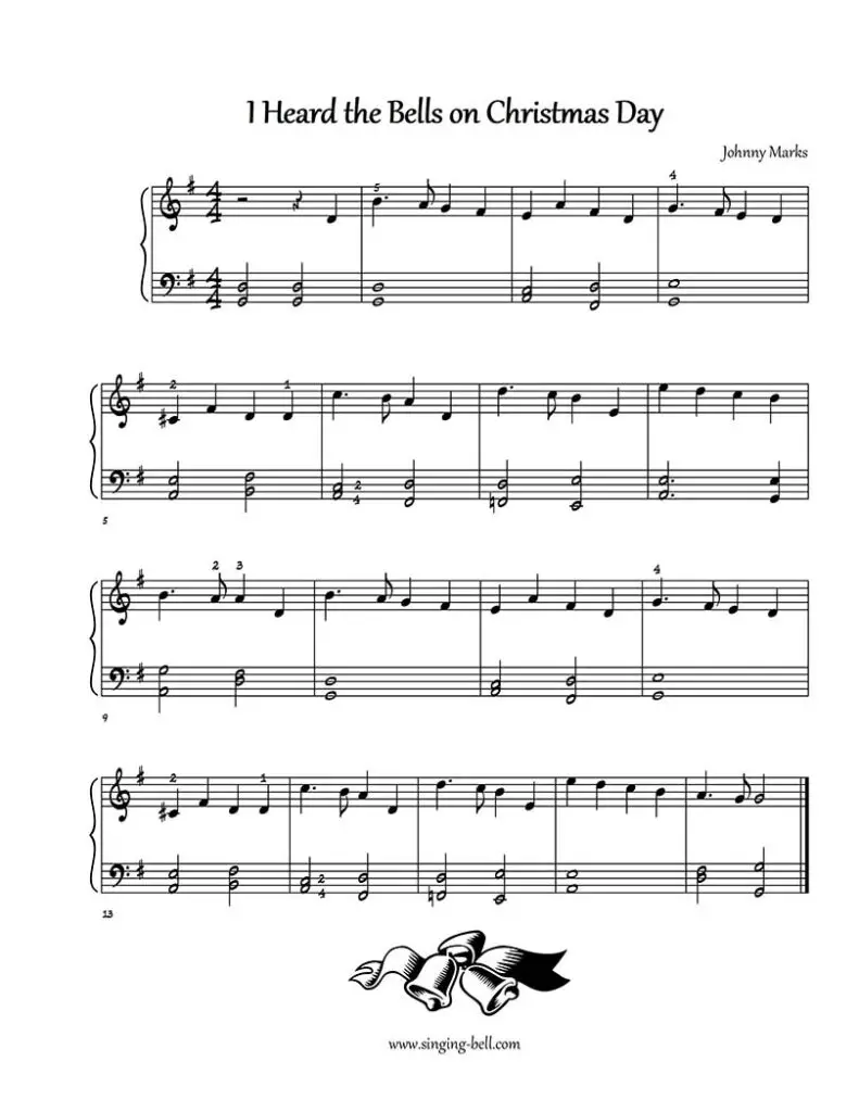 I heard the bells on christmas day free easy piano sheet music beginners