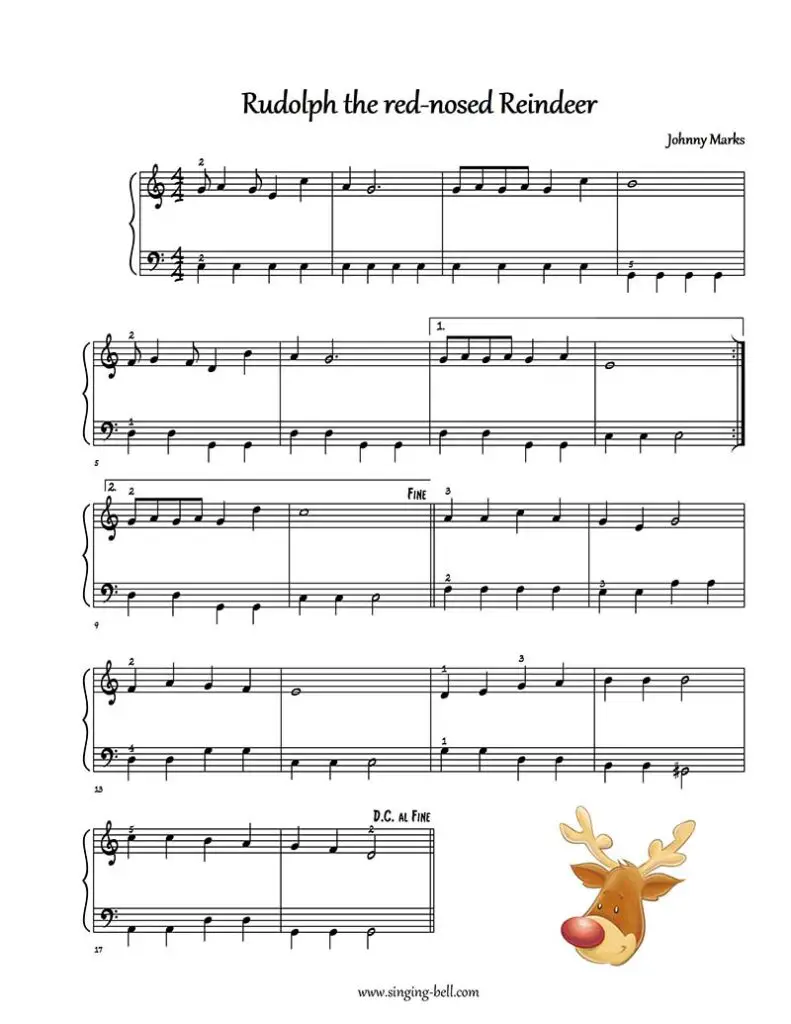 Rudolph the Red-nosed Reindeer free easy piano sheet music beginners