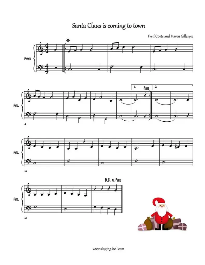 Santa Claus is coming to town free easy piano sheet music beginners