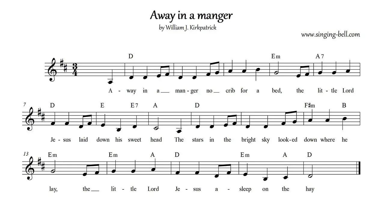 Away in a manger free sheet music in D notes chords pdf