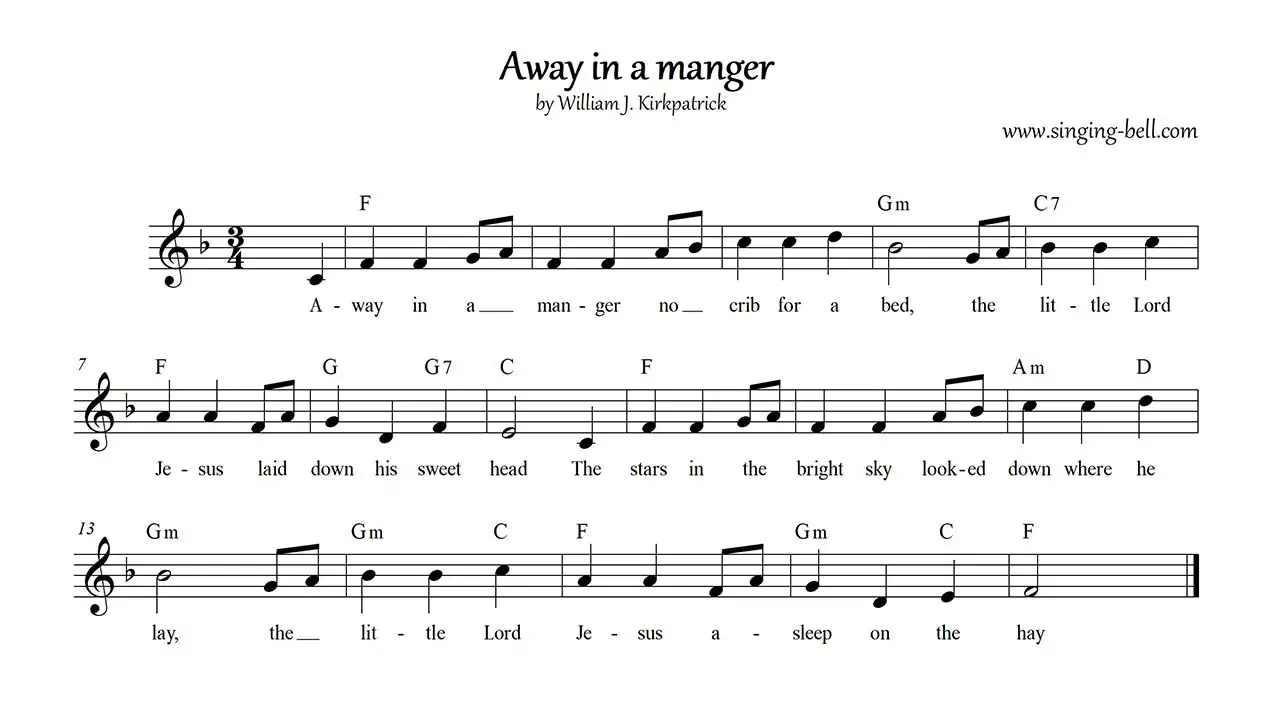 Away in a manger free sheet music in F notes chords pdf