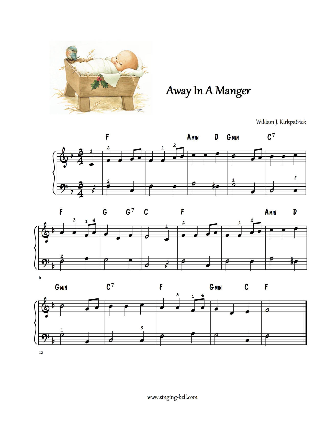 Away in a manger Kirkpatrick easy piano sheet music notes beginners
