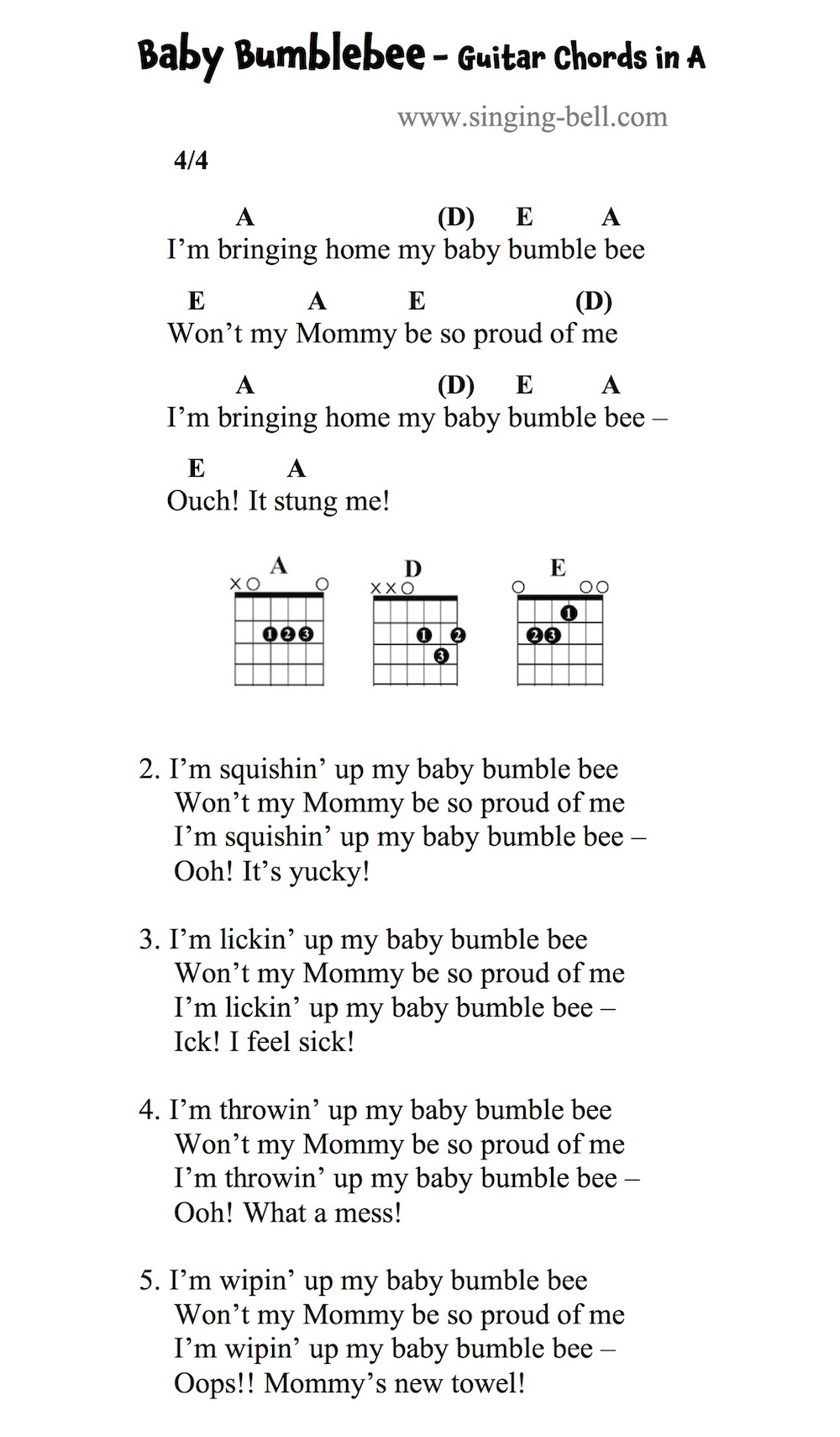 Baby Bumblebee Guitar Chords and Tabs in A.
