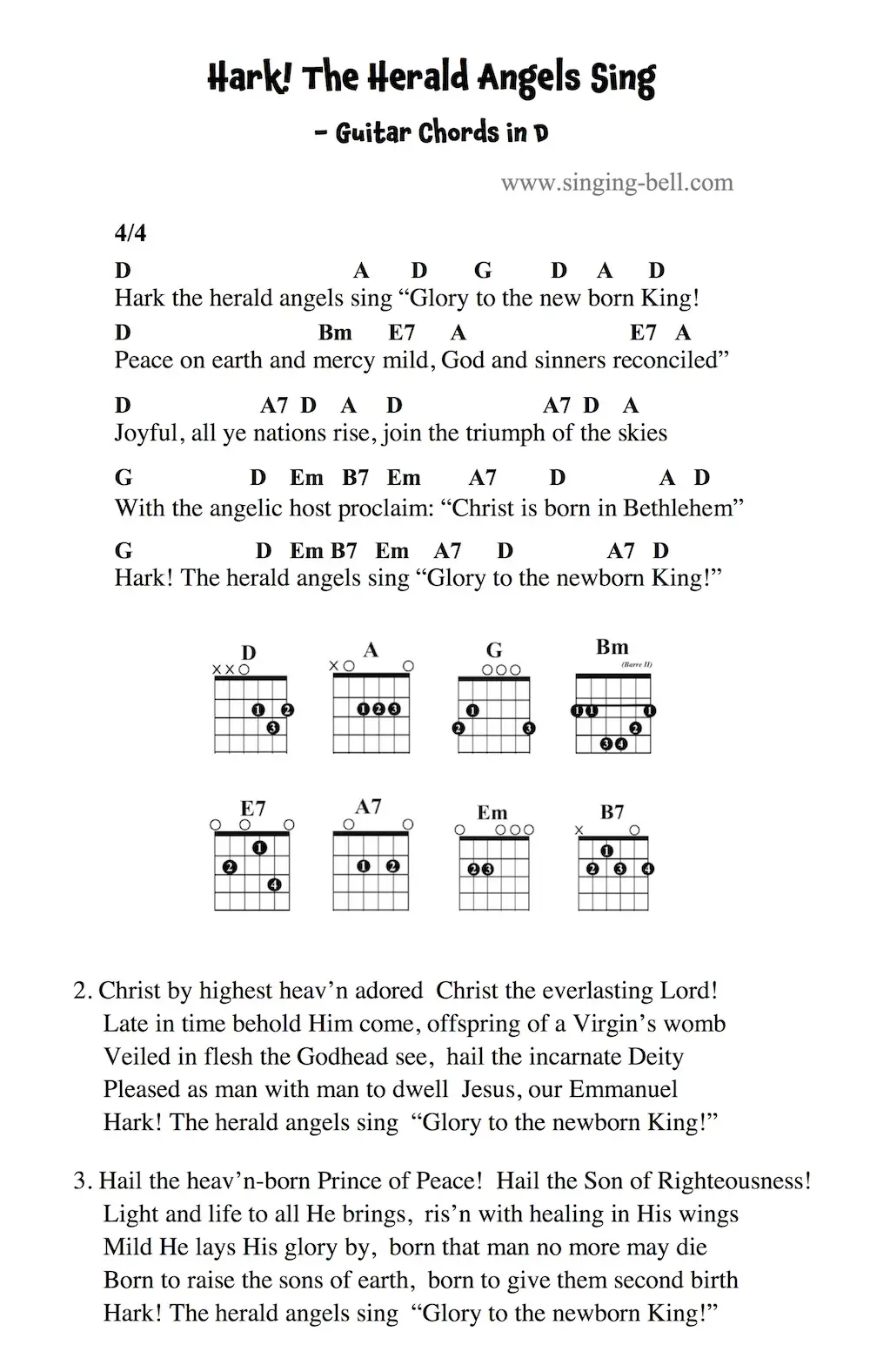 Hark! The Herald Angels Sing - Guitar Chords and Tabs in D.