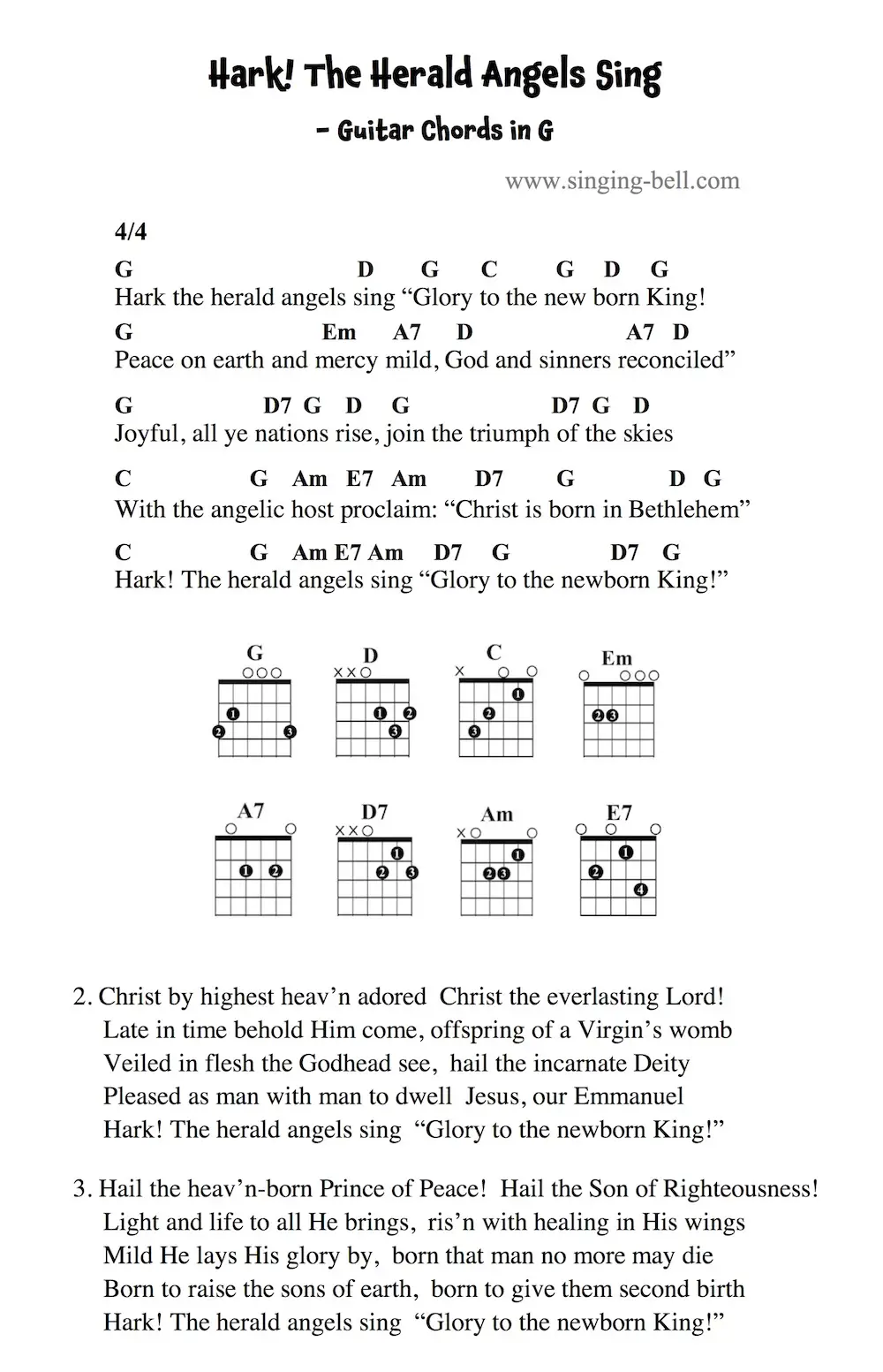 Hark! The Herald Angels Sing - Guitar Chords and Tabs in G.