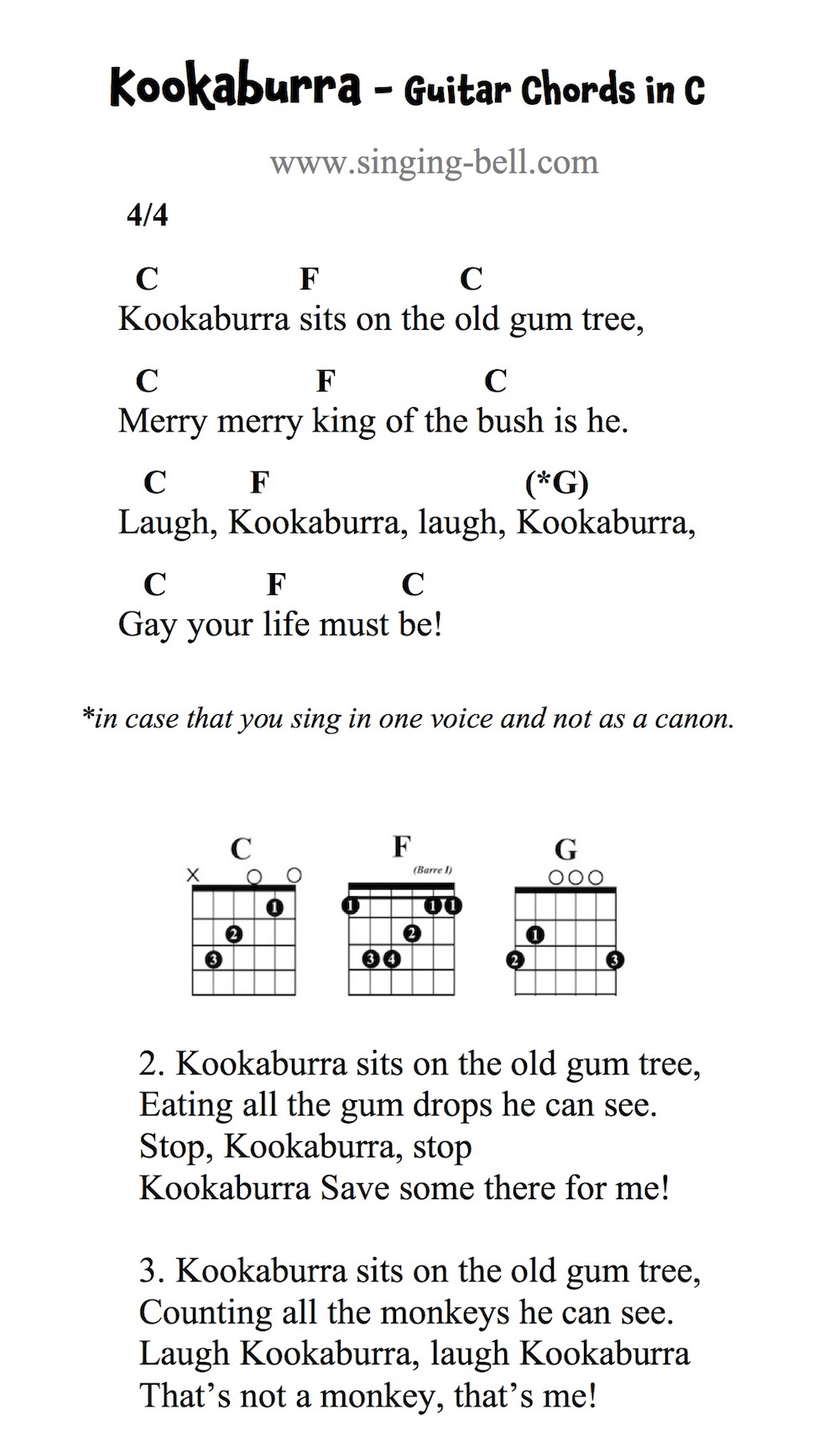 Kookaburra - Guitar Chords and Tabs in C. : Singing Bell Kookaburra - Guitar Chords and Tabs in C.
