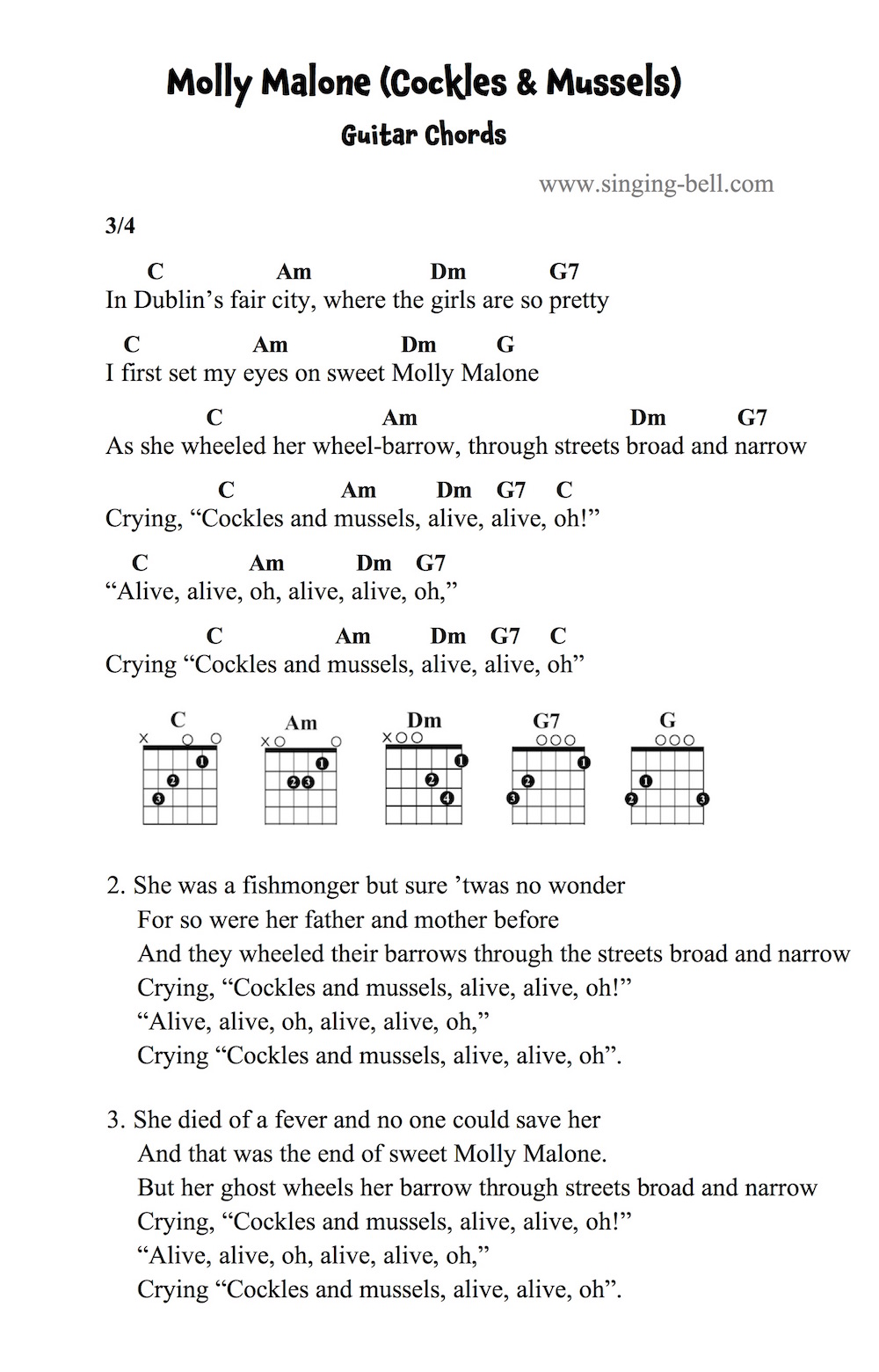 Molly Malone - cockles and mussels - Guitar Chords and Tabs. : Singing Bell Molly Malone - cockles and mussels - Guitar Chords and Tabs.