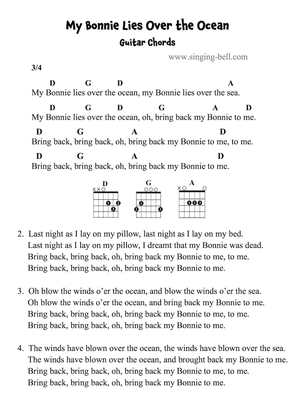 My Bonnie Lies Over the Ocean - Guitar Chords and Tabs.
