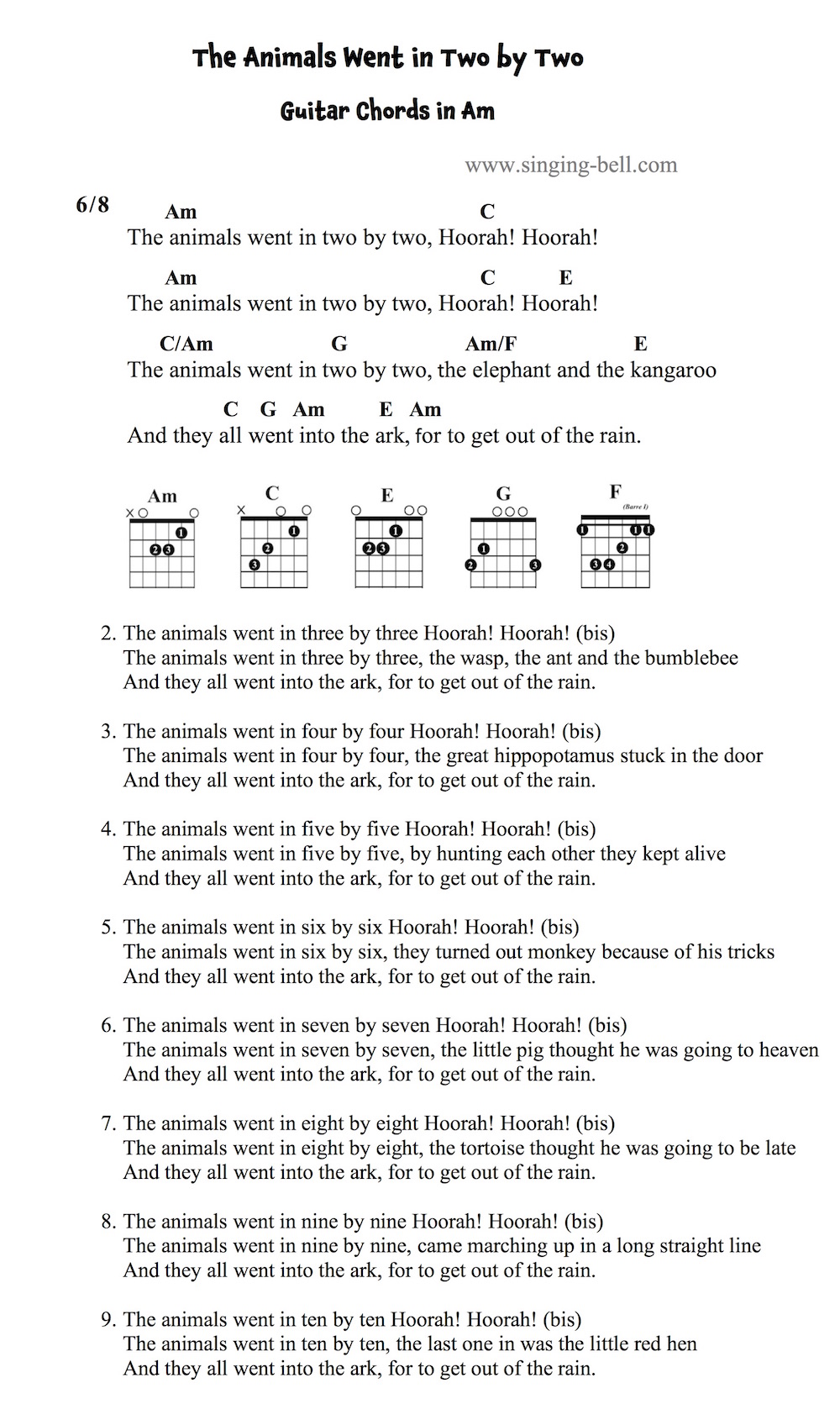The Animals Went in Two by Two - Guitar Chords and Tabs in Am. The Animals Went in Two by Two - Guitar Chords and Tabs in Am.