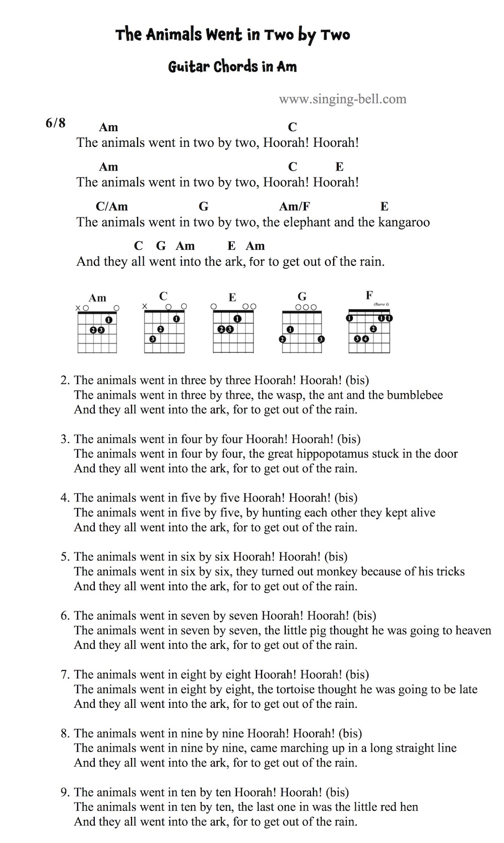 The Animals Went in Two by Two - Guitar Chords and Tabs in Am.