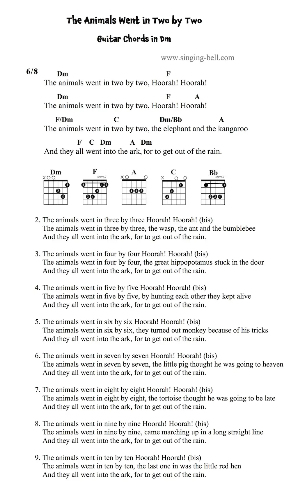 The Animals Went in Two by Two - Guitar Chords and Tabs in Dm.