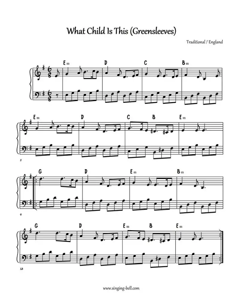 What child is this greensleeves free piano sheet music - notes- chords - pdf