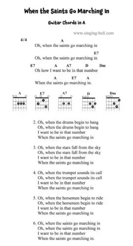 When the Saints Go Marching In - Guitar Chords and Tabs in A.
