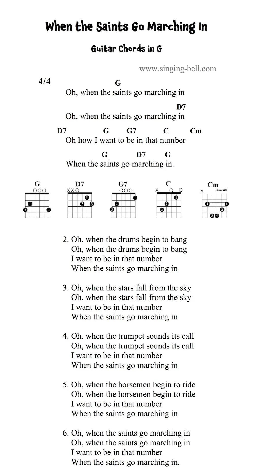 When the Saints Go Marching In - Guitar Chords and Tabs in G.