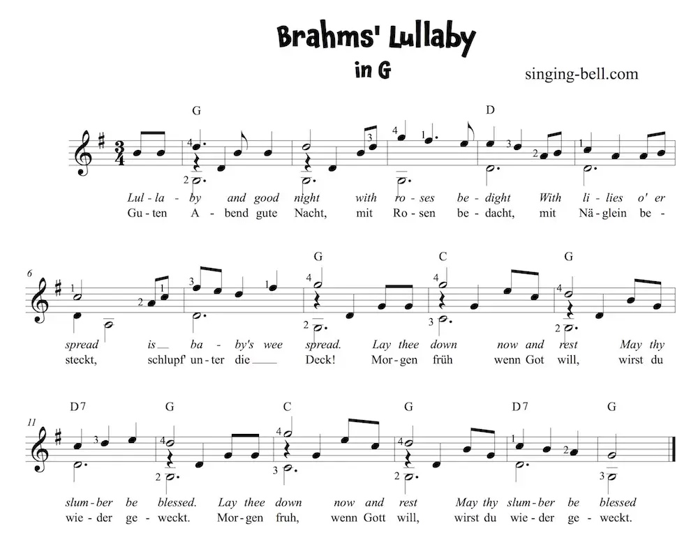 Brahms' Lullaby Guitar Sheet Music in G.