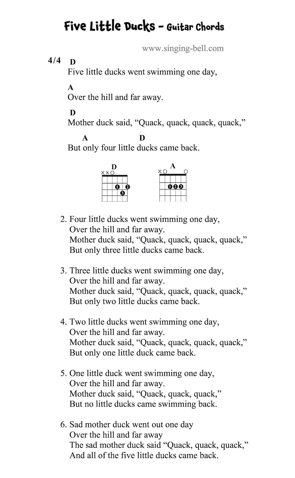 Five Little Ducks - Guitar Chords and Tabs.