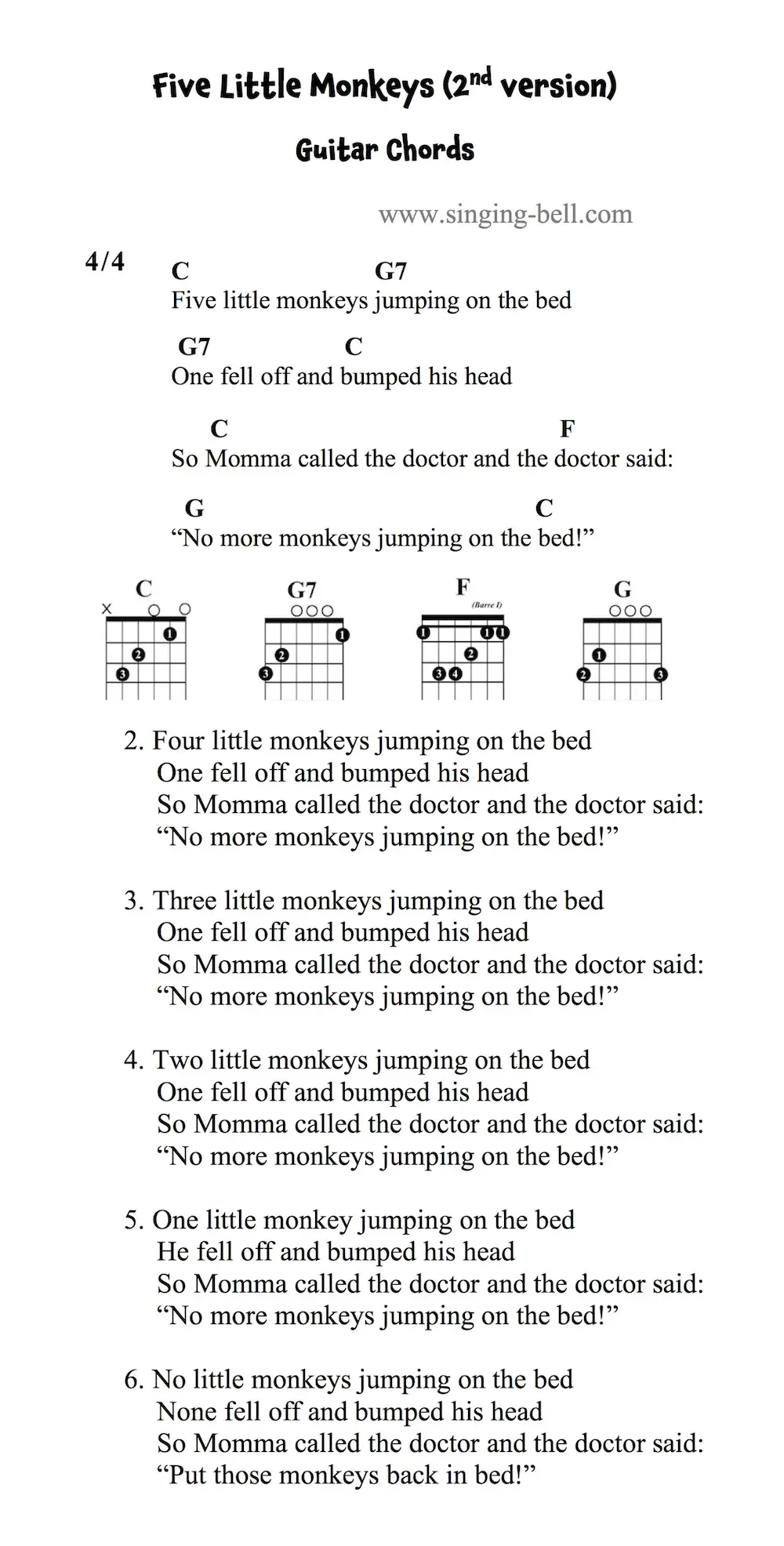 Five Little Monkeys - 2nd version - Guitar Chords and Tabs.