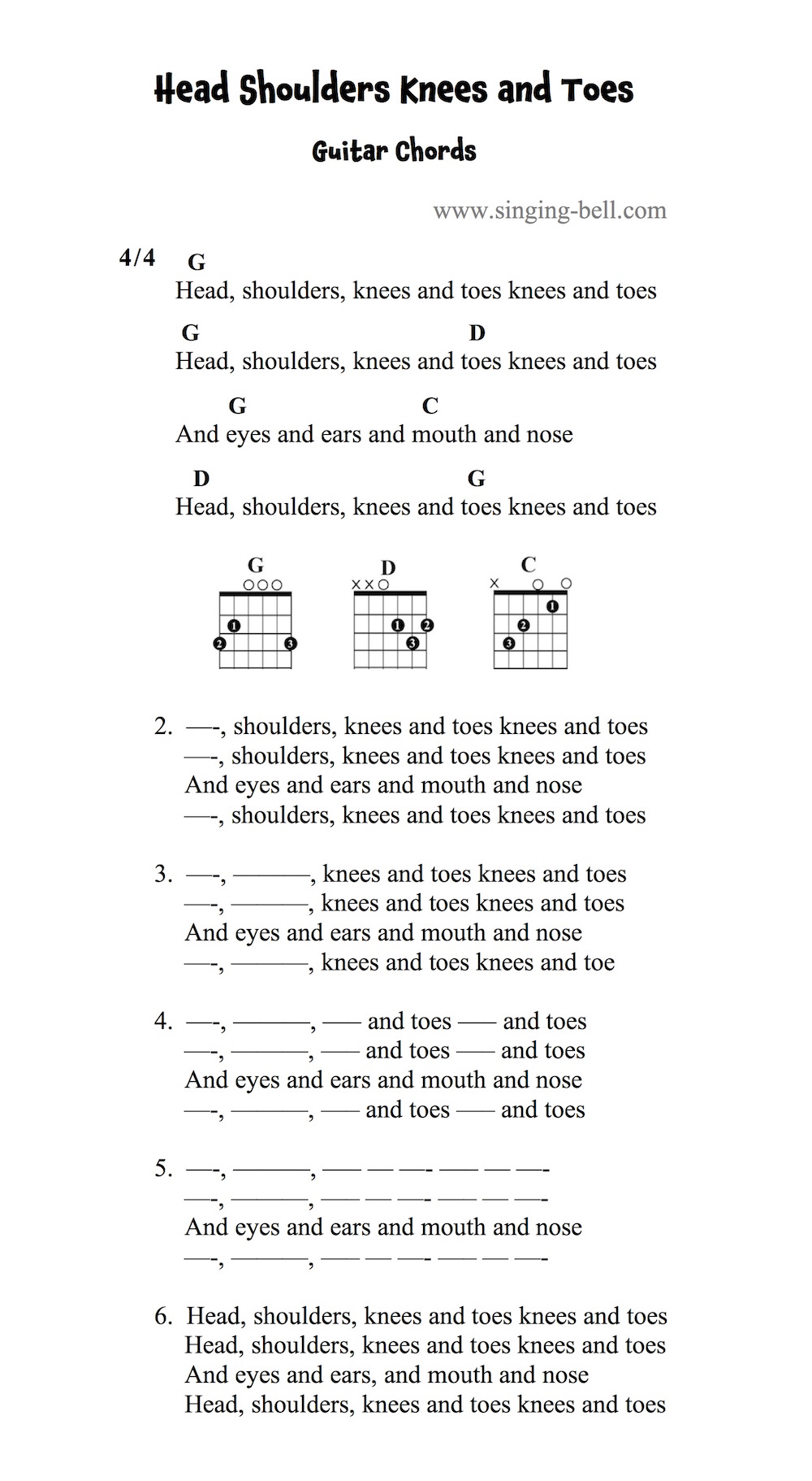 Head Shoulders Knees and Toes - Guitar Chords and Tabs.