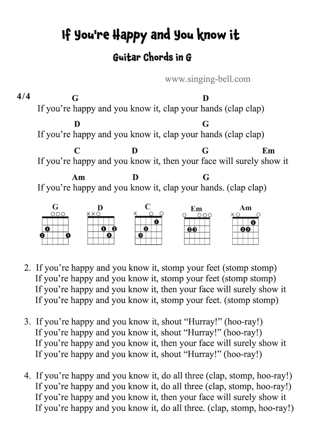 If You're Happy and You know it - Guitar Chords and Tabs in G.