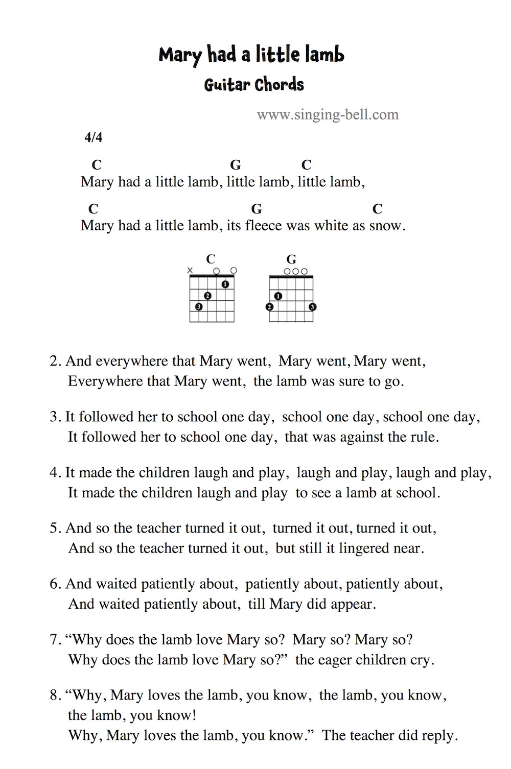 Mary had a little lamb - Guitar Chords and Tabs.