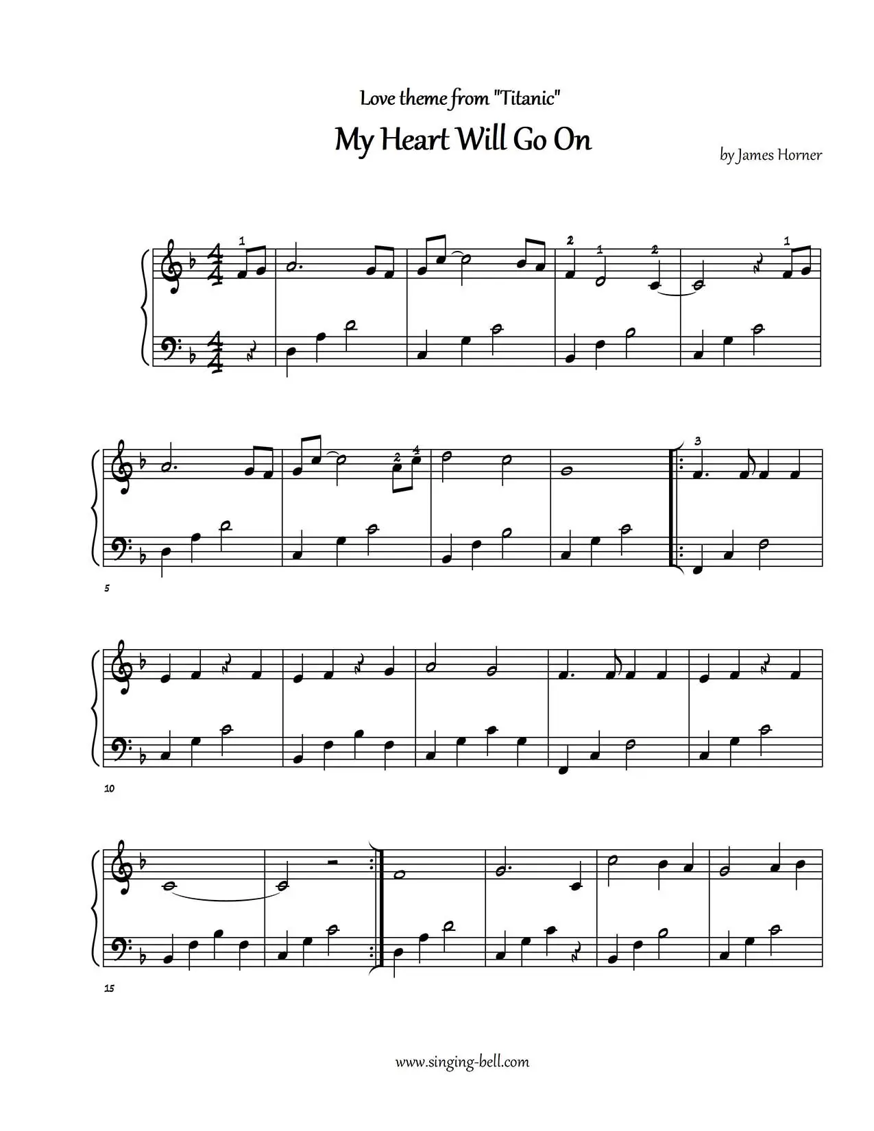 Titanic My Heart Will Go On easy piano sheet music p. 1 notes beginners pdf