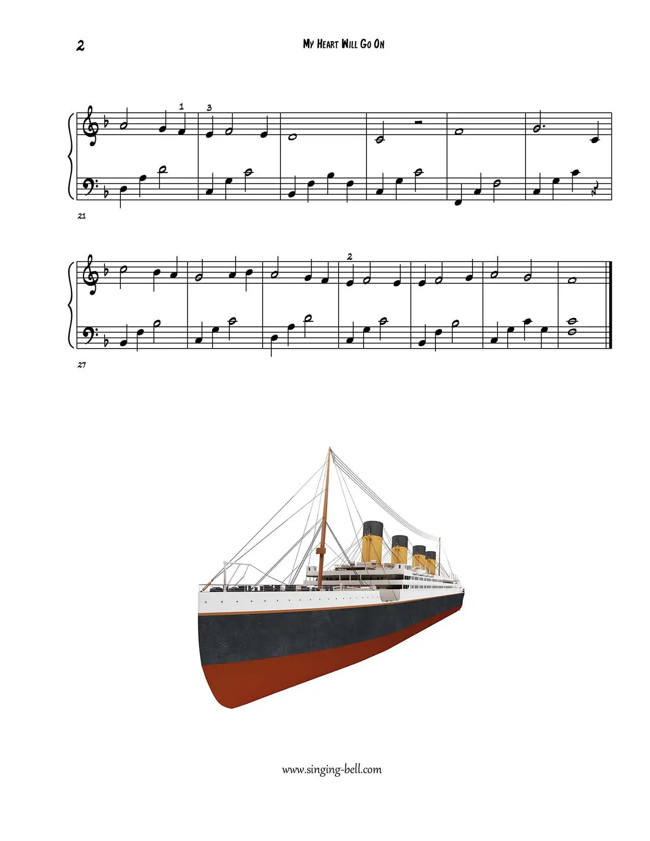 Titanic My Heart Will Go On easy piano sheet music p. 2 notes beginners pdf