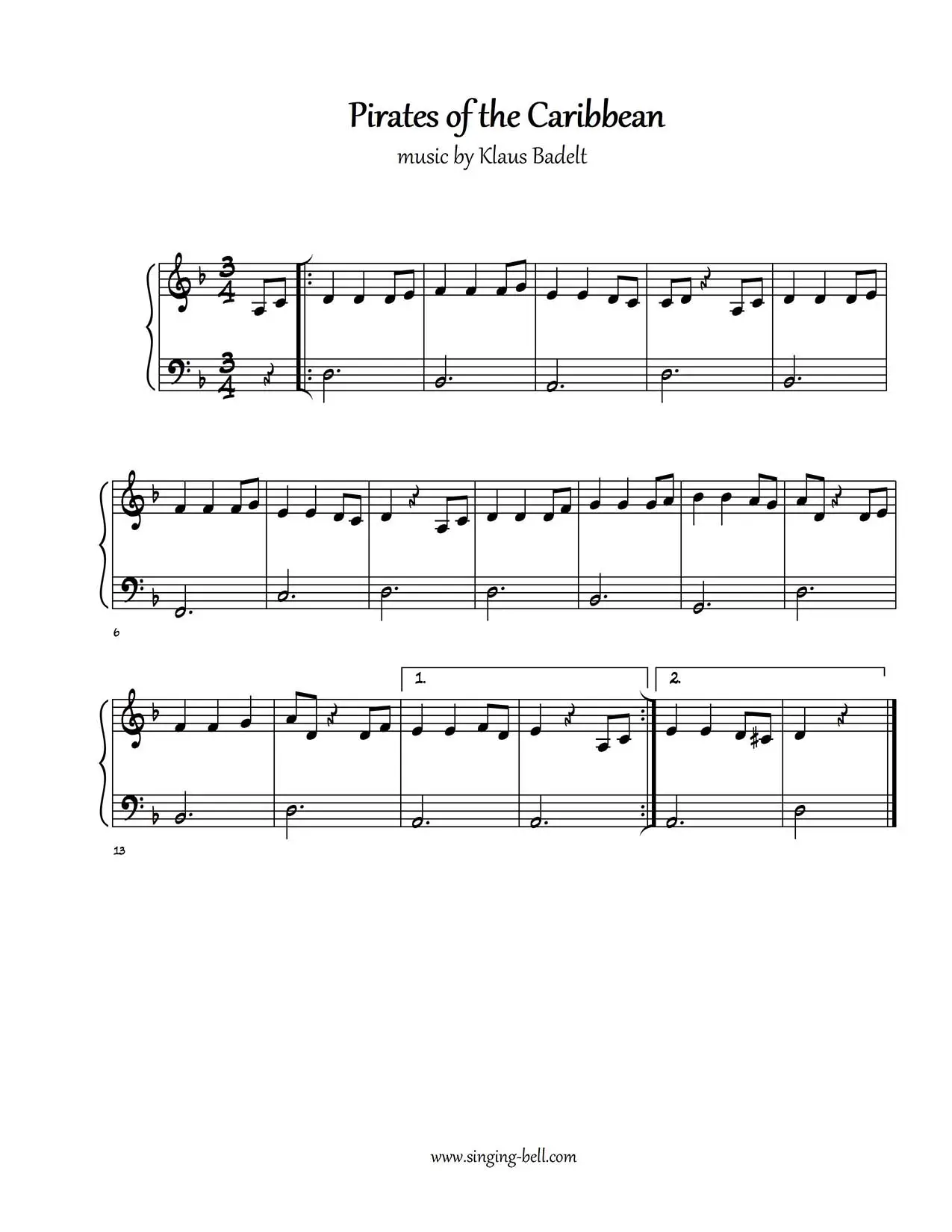 Pirates of the Caribbean easy piano sheet music notes beginners pdf