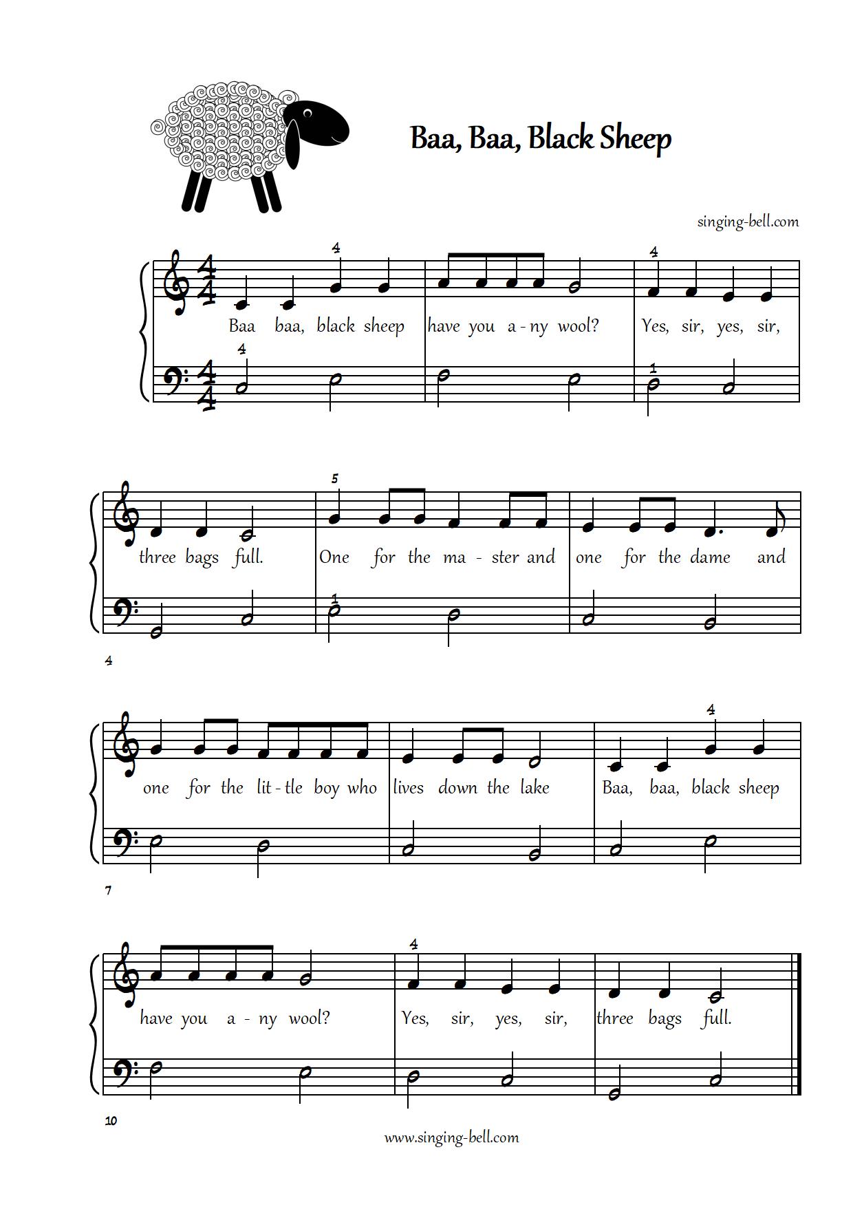 Baa Baa Black Sheep easy piano sheet music notes chords beginners pdf