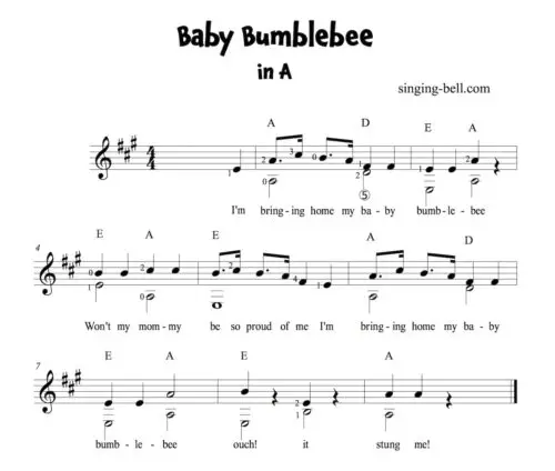 Baby Bumblebee Easy Guitar Sheet Music in A.
