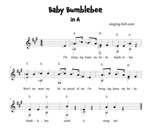 Baby Bumblebee Easy Guitar Sheet Music in A.