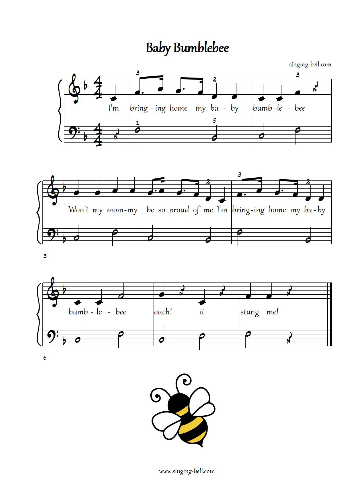 Baby Bumblebee easy piano sheet music notes beginners pdf