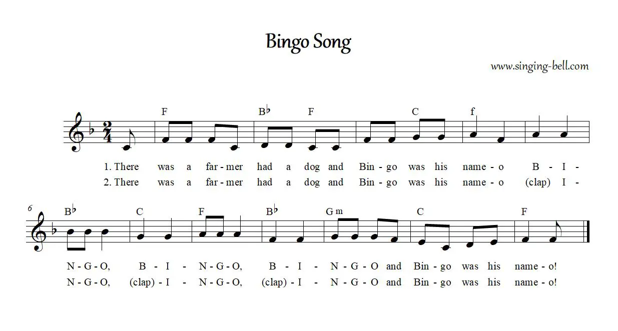 Bingo song easy piano sheet music notes chords